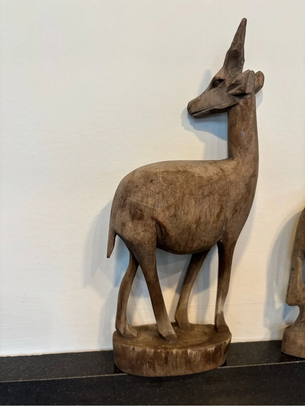 Vintage Hand Carved Rustic Natural Wood Antelope Figurines, Matte, Set Of 2